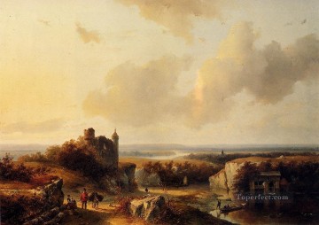 Barend Cornelis Koekkoek Painting - Un extenso paisaje fluvial con viajeros el holandés Barend Cornelis Koekkoek